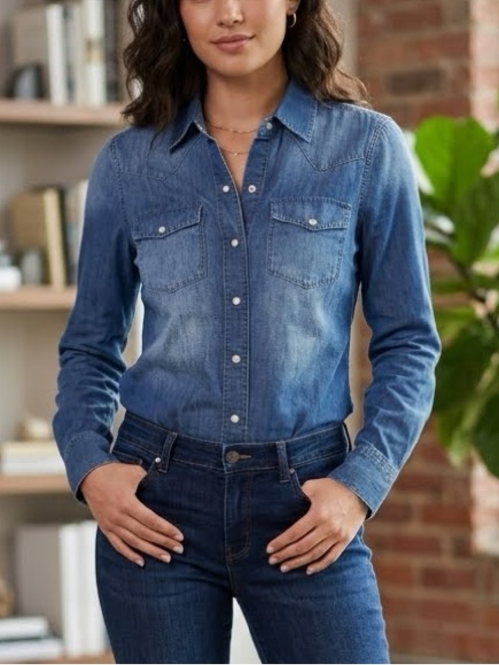 Level 99 Anthropologie Chambray Long Sleeve Snap Button Shirt